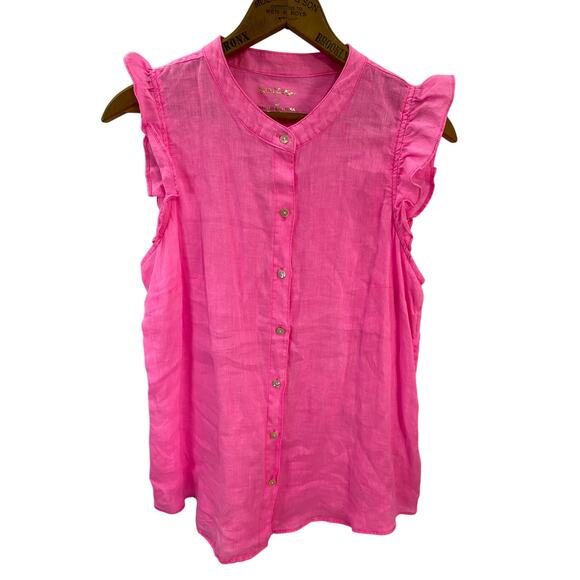 Lilly Pulitzer Sleeveless Pink Blouse Small Ruffled 100% Linen Button-Down - Picture 1 of 8